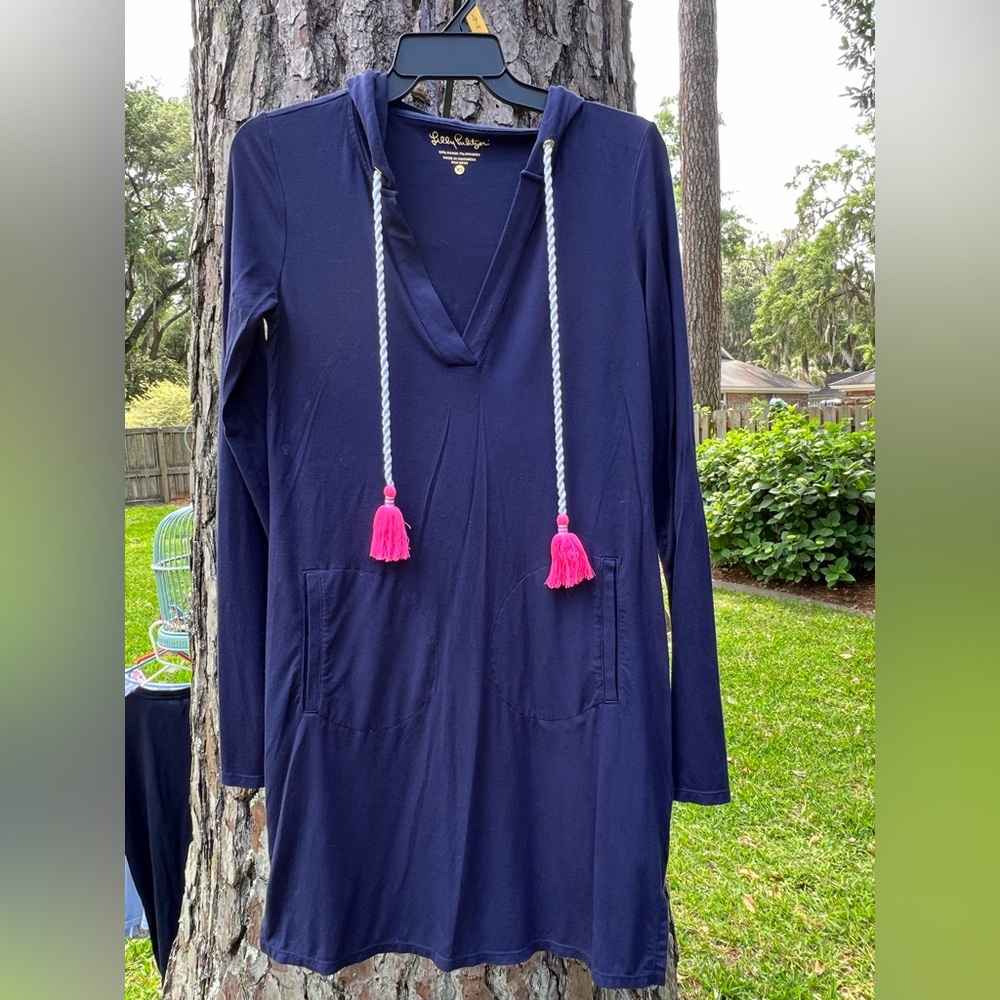 Navy Hooded Dress with Pink Tassels Lily Pulitzer size XS